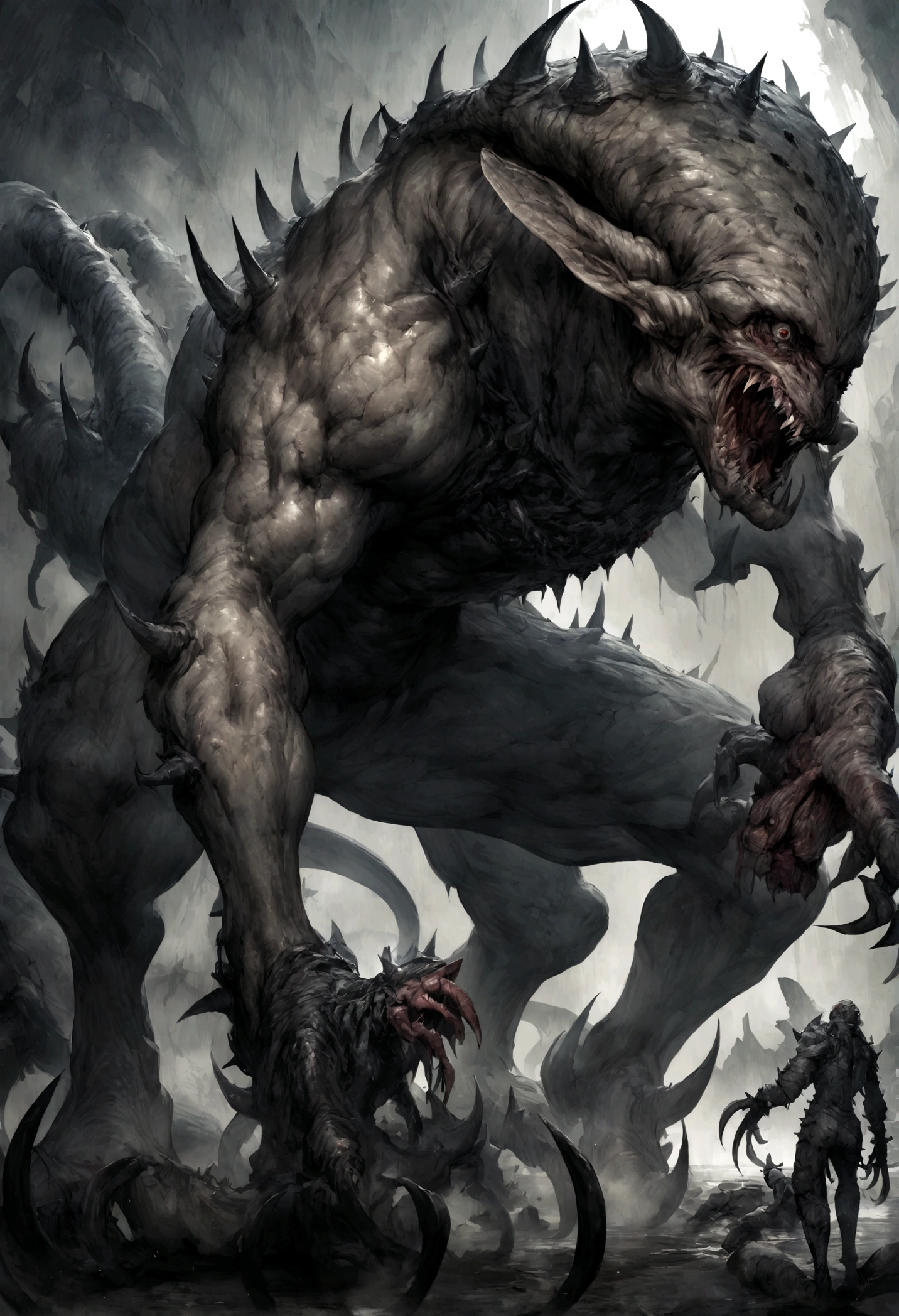 black, scary, high, monster, mutant, with claws, obsidians skin, spikes on the back, alien creature