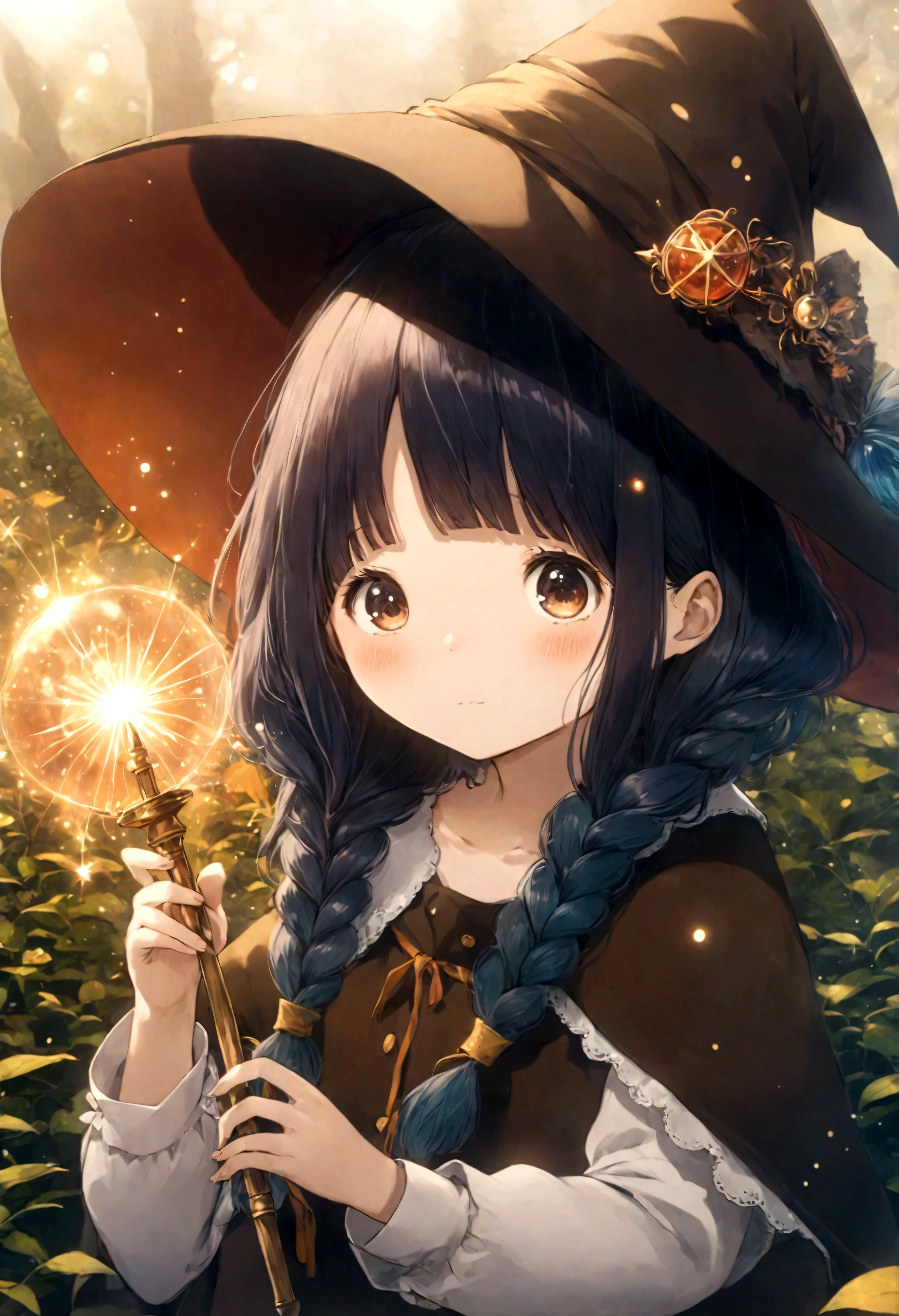 With red twin braids、, Cute anime style Hagrid, a young witch, Anime cute art style, Marisa Kirisame, Witch Girl, Anime Characters, as an Anime Characters, Has magical powers, young wizard, Different world, holding a magic wand
