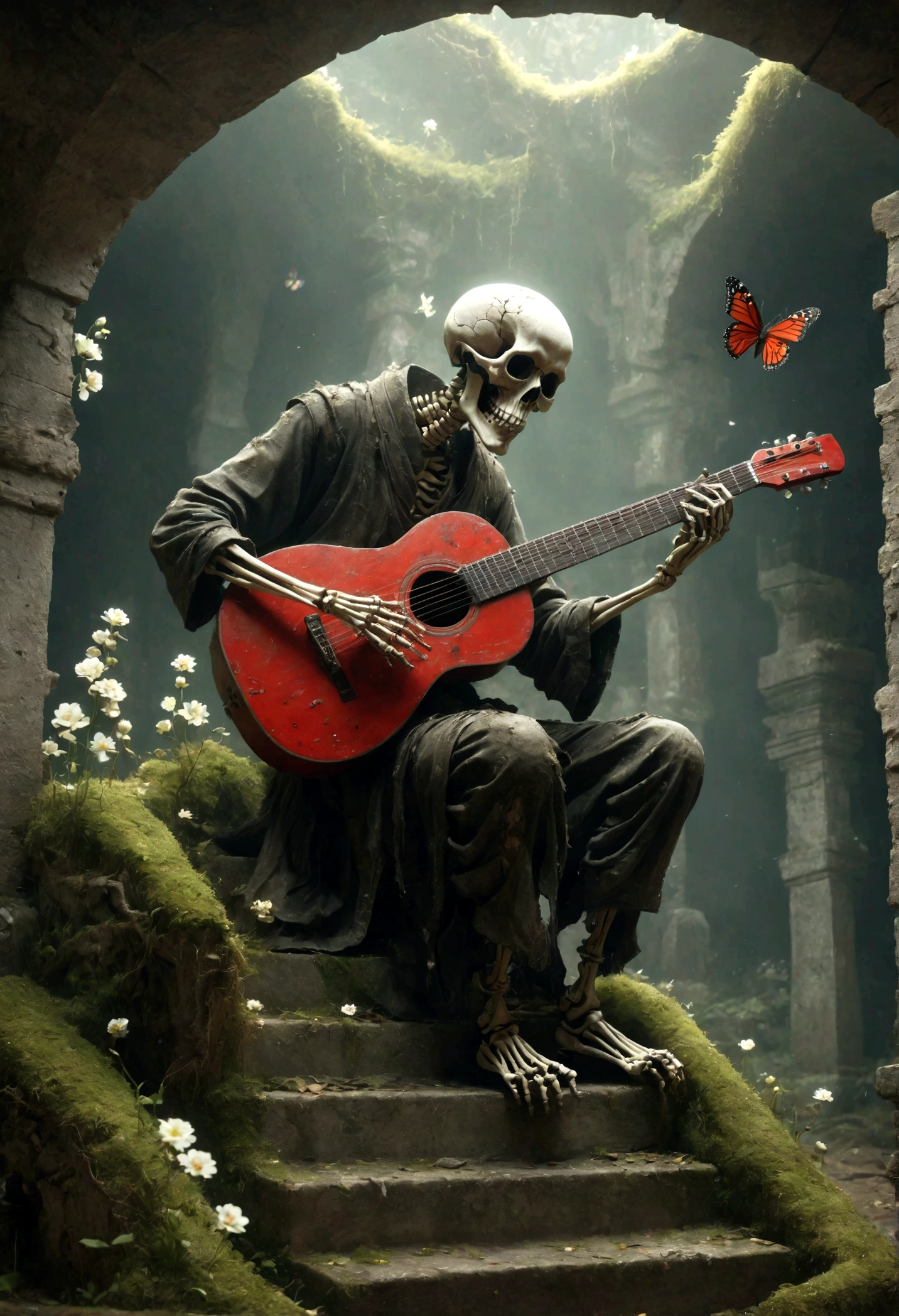 a skeletal figure playing a guitar, melancholic, desolate, moss-covered, dilapidated, squalid, (best quality,4k,8k,highres,masterpiece:1.2),ultra-detailed,(realistic,photorealistic,photo-realistic:1.37),dark fantasy,grim,moody lighting,dramatic shadows,cinematic,moody color palette,muted tones,grunge,decaying,weathered,tattered,Small white flowers,Ancient Chinese tombs,Dungeons,Cemetery,Black red,There is a broken bowl in front.,The Trail,Stairs,vine,rainwater,Swarms of glowing butterflies