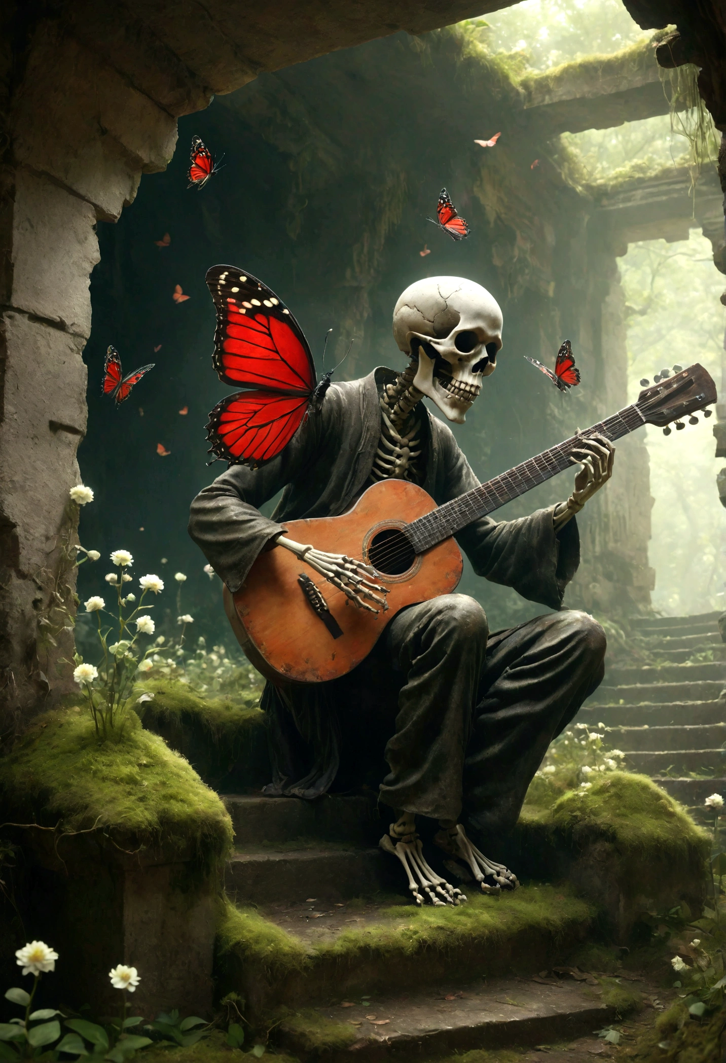 a skeletal figure playing a guitar, melancholic, desolate, moss-covered, dilapidated, squalid, (best quality,4k,8k,highres,masterpiece:1.2),ultra-detailed,(realistic,photorealistic,photo-realistic:1.37),dark fantasy,grim,moody lighting,dramatic shadows,cinematic,moody color palette,muted tones,grunge,decaying,weathered,tattered,Small white flowers,Ancient Chinese tombs,Dungeons,Cemetery,Black red,There is a broken bowl in front.,The Trail,Stairs,vine,rainwater,Swarms of glowing butterflies,A group of transparent wandering souls, Soul Wild Ghost,Look up