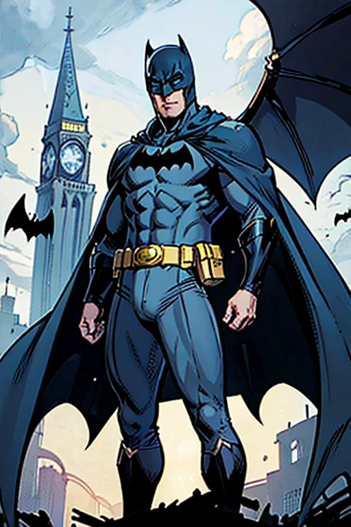 Batman standing on top of a cloak tower with his blue cape and grey costume and yellow utility belt, bat symbol on his chest