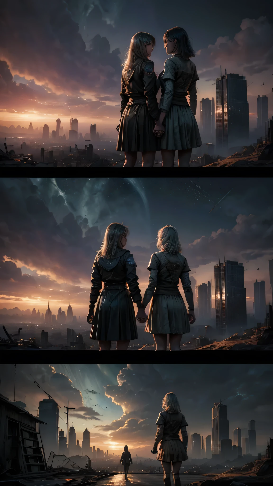 2 girls, friends,  ((friendship)), end of the world, epic realistic, (hdr:1.4), (muted colors:1.4), apocalypse, abandoned, neutral colors, night, screen space refractions, (intricate details), (intricate details, hyperdetailed:1.2), artstation, cinematic shot, vignette, complex background, building,((holding hands))