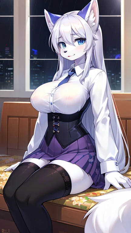 best quality, best resolution, (fluffy anthro furry), arctic fox girl, silver hair, blue eyes, (white fur), long straight hair, big breast, sophisticated manner, blue lighting, rain, ( buttoned up long-sleeved shirt, purple skirt with floral design, black waist high tights), sitting, mansion bedroom