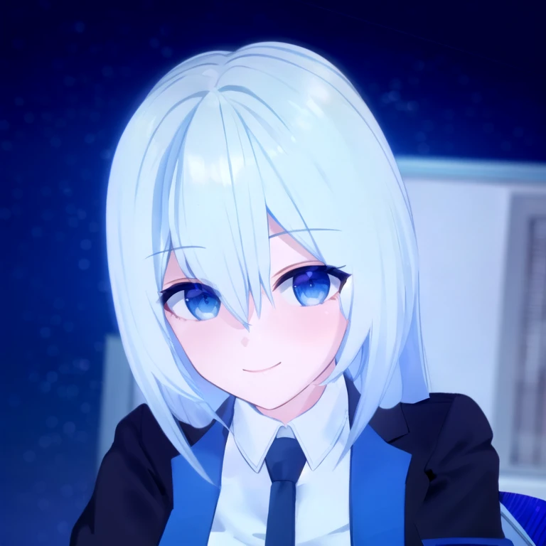 AANOA, SMILING MOUTH, LONG WHITE HAIR, LARGE BREASTS, BLUE NECKTIE, WHITE SHIRT, OFF SHOULDER, BLACK JACKET, OPEN JACKET, LONG SLEEVES.