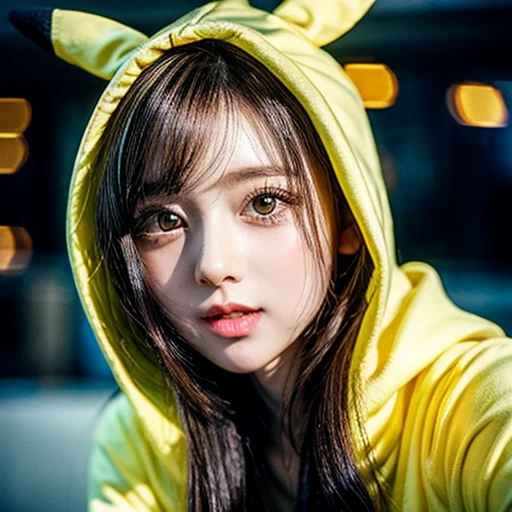 (Girl in ((Yellow)) Pikachu hood), (naked hoodie, hood loosely open) . masterpiece 8K best quality, (RAW PhotoRealistic HyperRealism:1.37) Ultra-detailed, (Acutance:0.85), VolumetricLighting, Studio gray background with (Colorful Light particles, Blurred colorful Lights dazzling bokeH:1.28), { on knees | kneeling | legs spread | hands above head | (Overflowing Gigantic Cleavage;1.2) | (Golden ray illuminating face) | (Photon Particles:0.95) } . BREAK . (((Extremely detailed KAWAII face))), perfect anatomy, Childish, CaptivatingGaze, Elaborate detailed Eyes with (Sparkling Highlights:1.28), Beautifull Pupils, (Voluminous Long Eyelashes:0.88)、Glossy Lips, Rosy Cheeks, (Detailed Flawless FineSkin, Radiant PearlSkin with Transparency), Shiny SilkyHair . { (joyful expressions:1.28) | (:d) }, (Large eyes:-1) .