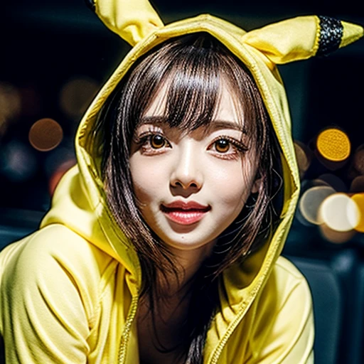 (Girl in ((Yellow)) Pikachu hood), (naked hoodie, hood loosely open) . masterpiece 8K best quality, (RAW PhotoRealistic HyperRealism:1.37) Ultra-detailed, (Acutance:0.85), VolumetricLighting, Studio gray background with (Colorful Light particles, Blurred colorful Lights dazzling bokeH:1.28), { on knees | kneeling | legs spread | hands above head | (Overflowing Gigantic Cleavage;1.2) | (Golden ray illuminating face) | (Photon Particles:0.95) } . BREAK . (((Extremely detailed KAWAII face))), perfect anatomy, Childish, CaptivatingGaze, Elaborate detailed Eyes with (Sparkling Highlights:1.28), Beautifull Pupils, (Voluminous Long Eyelashes:0.88)、Glossy Lips, Rosy Cheeks, (Detailed Flawless FineSkin, Radiant PearlSkin with Transparency), Shiny SilkyHair . { (joyful expressions:1.28) | (:d) }, (Large eyes:-1) .