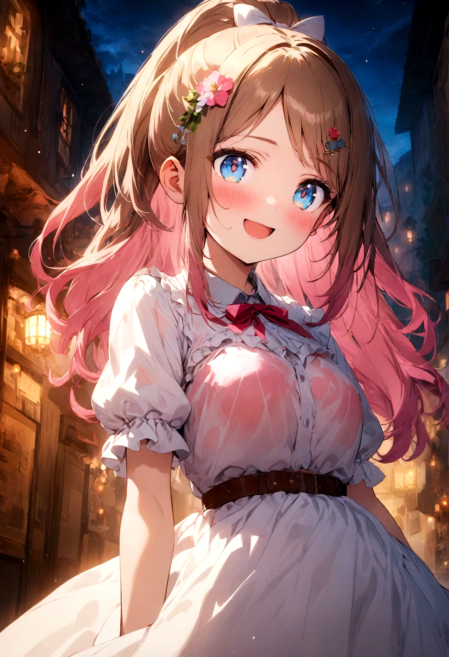 ponytail、Glossy blonde、Three flower-shaped hairpins on the left sideburn、blue eyes、Droopy eyes、Shining Eyes、smile、Open your mouth、Wearing a dress、A thick brown belt under the chest、masterpiece, highest quality, Official Art, Very detailed, Absurd, 8K resolution, , change, alone, 明るいsmile, Transparent clothes, White clothes、A small pink heart-shaped tattoo on the left cheek、Fine grain、ragged bangs、Pink Hair、Blush and redness、Gradient Hair、Ample Bust、Perfect Face、Big hair ribbon、Short sleeve、Ruffle sleeves、Collared shirt、Uniform ribbon、Hair hanging down behind the ears、Grab your sideburns with your right hand、Vertical line of the chest、Ruffles and patterns、Brown bracelet、round face、night、Town、illumination