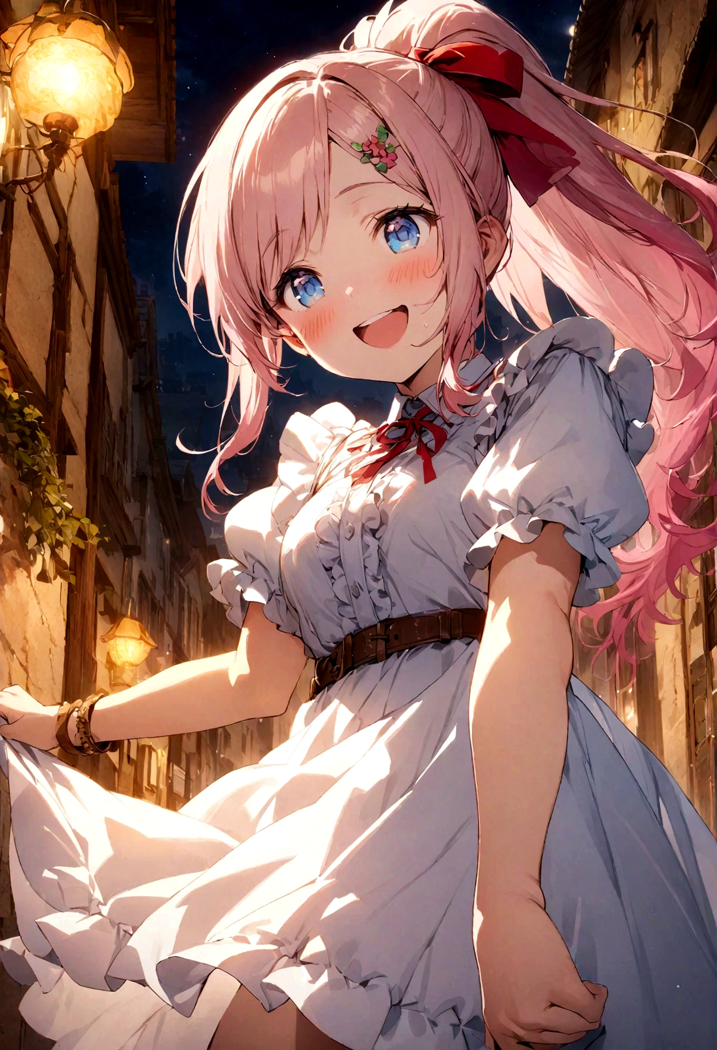 ponytail、Glossy blonde、Three flower-shaped hairpins on the left sideburn、blue eyes、Droopy eyes、Shining Eyes、smile、Open your mouth、Wearing a dress、A thick brown belt under the chest、masterpiece, highest quality, Official Art, Very detailed, Absurd, 8K resolution, , change, alone, 明るいsmile, Transparent clothes, White clothes、A small pink heart-shaped tattoo on the left cheek、Fine grain、ragged bangs、Pink Hair、Blush and redness、Gradient Hair、Ample Bust、Perfect Face、Big hair ribbon、Short sleeve、Ruffle sleeves、Collared shirt、Uniform ribbon、Hair hanging down behind the ears、Grab your sideburns with your right hand、Vertical line of the chest、Ruffles and patterns、Brown bracelet、round face、night、Town、illumination
