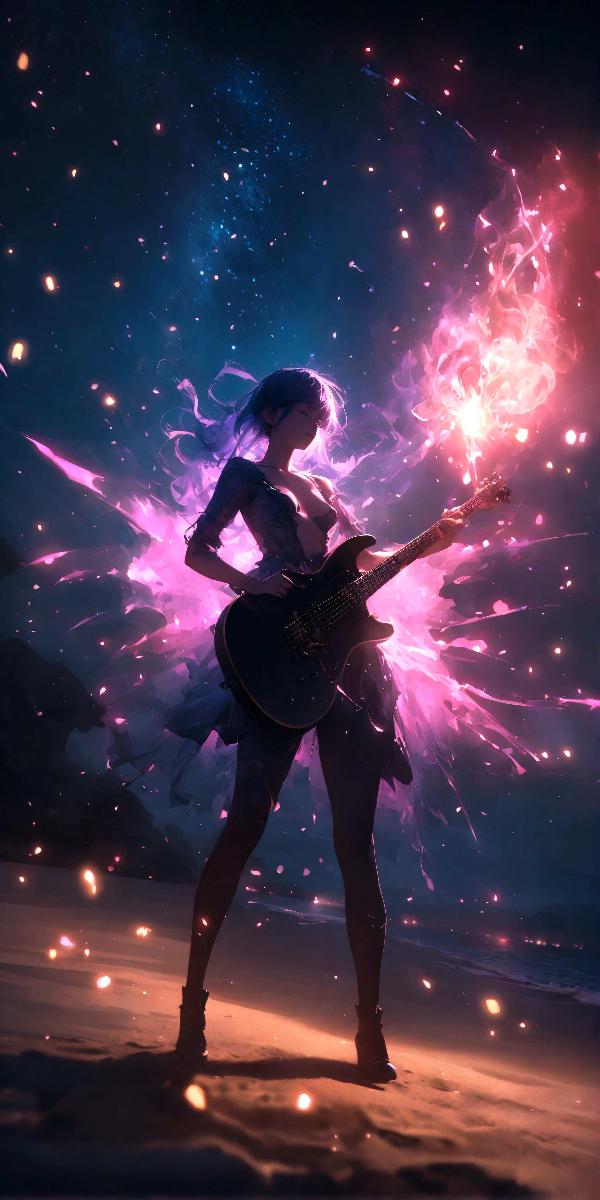 night, Parties, On stage, 1 Girl, holding electric guitar, Umbilical cord, clavicle, beach, Starry Sky, fantasy, magic, mystery, Ethereal, sublime atmosphere, dreamlike, Dramatic Lighting, high quality, Octane Rendering, Epic scene,