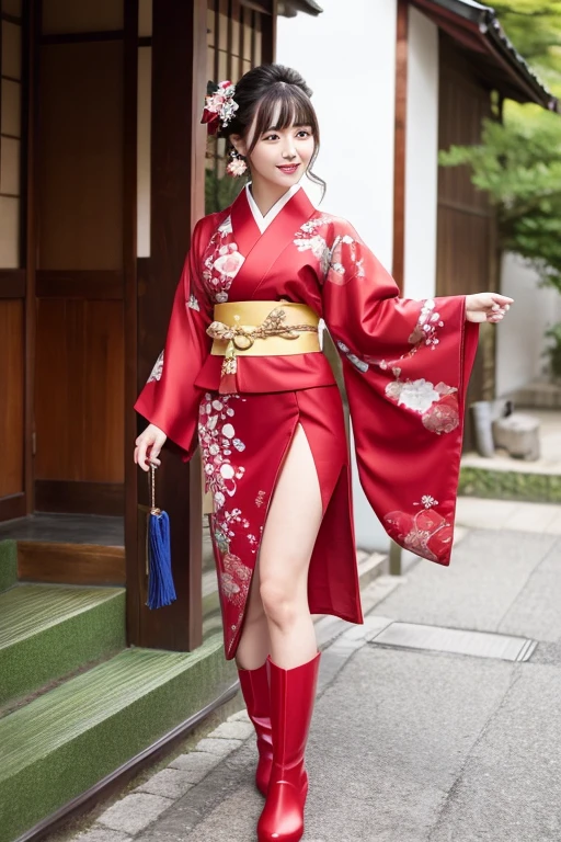 A kimono outfit with sparkly fabric、Beautiful beauty、The hem of the kimono is a little short、Wearing red boots
