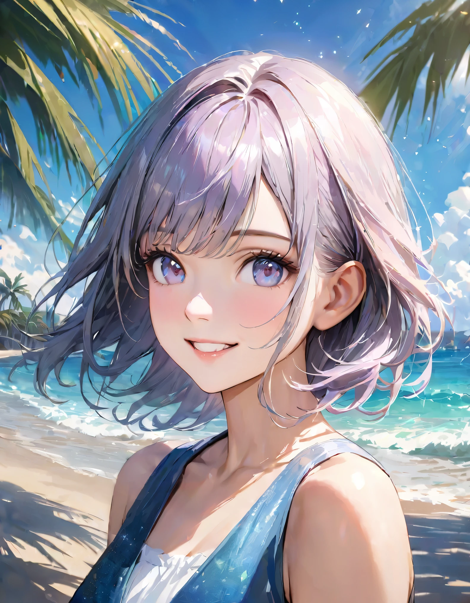 Sparkling sea and tropical ocean, Sunny sky with fluffy white clouds, Palm trees along the coast, Blur the background,Pleasant sea breeze,Two young women,Black short hair,smile,Glitter effect,highest quality, 4K, 8k, High resolution, masterpiece:1.2, Very detailed, Realistic:1.37, High resolution, 超High resolution, Ultra-fine painting, Sharp focus, Physically Based Rendering, Very detailedな説明, Professional, Vibrant colors