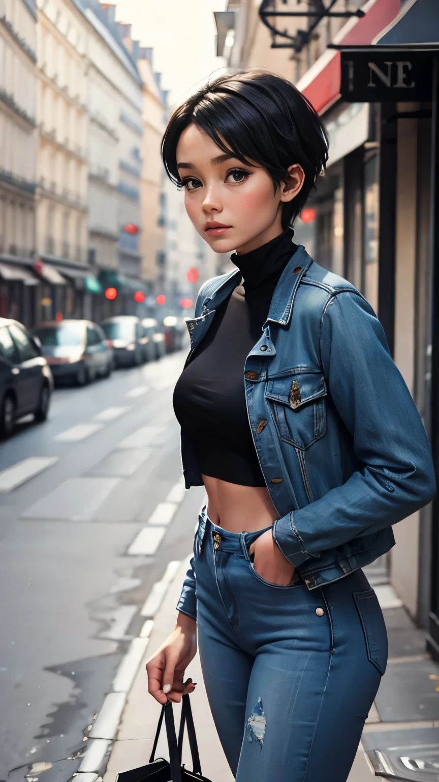 LadyBug, Paris, pretty face, Marinette Dupin-Cheng, short black pixie hair, blue women's jacket, white turtleneck tank top, jeans, white ballet flats, medium-sized breasts, slender body, , model shots, Paris
