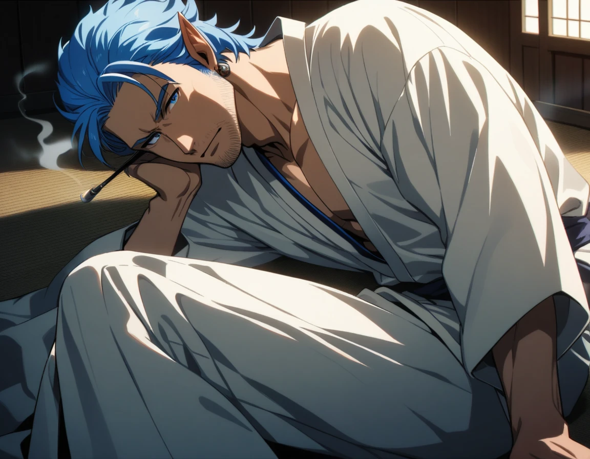 1man, mature elf, 40yo, blue short hair, forehead, masculine, handsome, tanned skin, stubble, tough gentleman, flaped backhair, ear cuffs, male high ratio body proportions, beautiful detailed eyes, BREAK solo, fullbody, yukata, japanese smoking pipe, on side, smoking, sexy male emotion, in washitsu, detailed background, cinematic colored, caustics, textile shading, cinematic shadows, cinematic lighting, lens flare, light leaks, romantic expression, 2010s, in isekai style, elegant quality, extreme all detailed, sharp vision, masterpiece, best quality