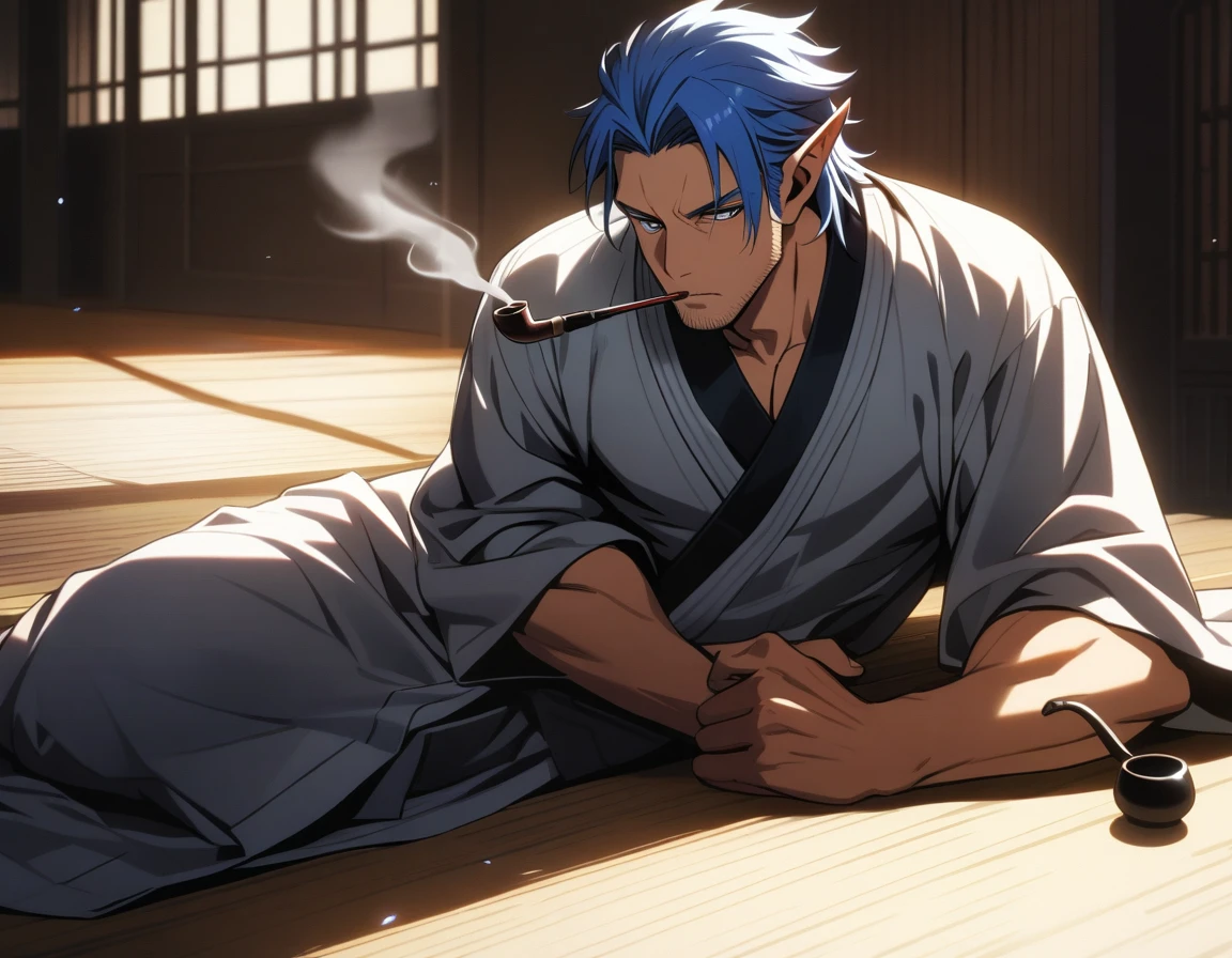 1man, mature elf, 40yo, blue short hair, forehead, masculine, handsome, tanned skin, stubble, tough gentleman, flaped backhair, ear cuffs, male high ratio body proportions, beautiful detailed eyes, BREAK solo, fullbody, yukata, japanese smoking pipe, on side, smoking, sexy male emotion, in washitsu, detailed background, cinematic colored, caustics, textile shading, cinematic shadows, cinematic lighting, lens flare, light leaks, romantic expression, 2010s, in isekai style, elegant quality, extreme all detailed, sharp vision, masterpiece, best quality