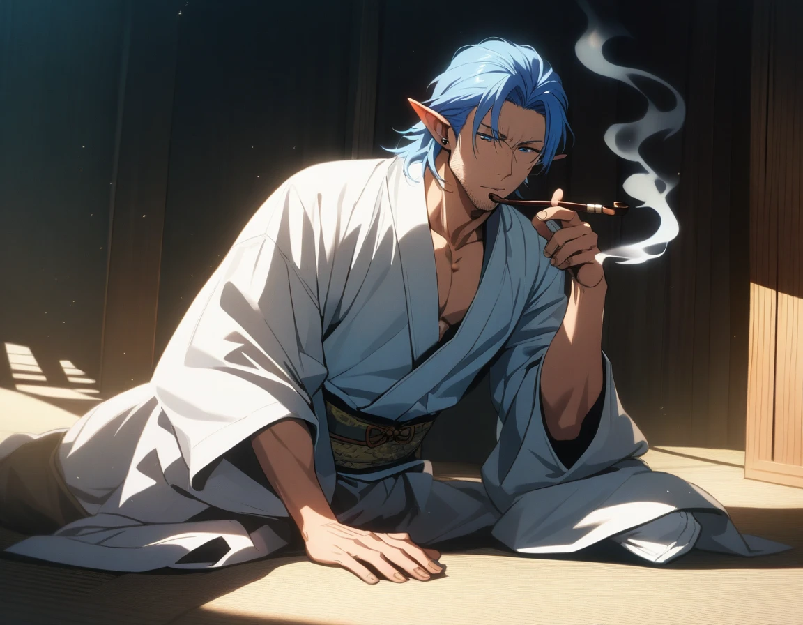 1man, mature elf, 40yo, blue short hair, forehead, masculine, handsome, tanned skin, stubble, tough gentleman, flaped backhair, ear cuffs, male high ratio body proportions, beautiful detailed eyes, BREAK solo, fullbody, yukata, japanese smoking pipe, on side, smoking, sexy male emotion, in washitsu, detailed background, cinematic colored, caustics, textile shading, cinematic shadows, cinematic lighting, lens flare, light leaks, romantic expression, 2010s, in isekai style, elegant quality, extreme all detailed, sharp vision, masterpiece, best quality