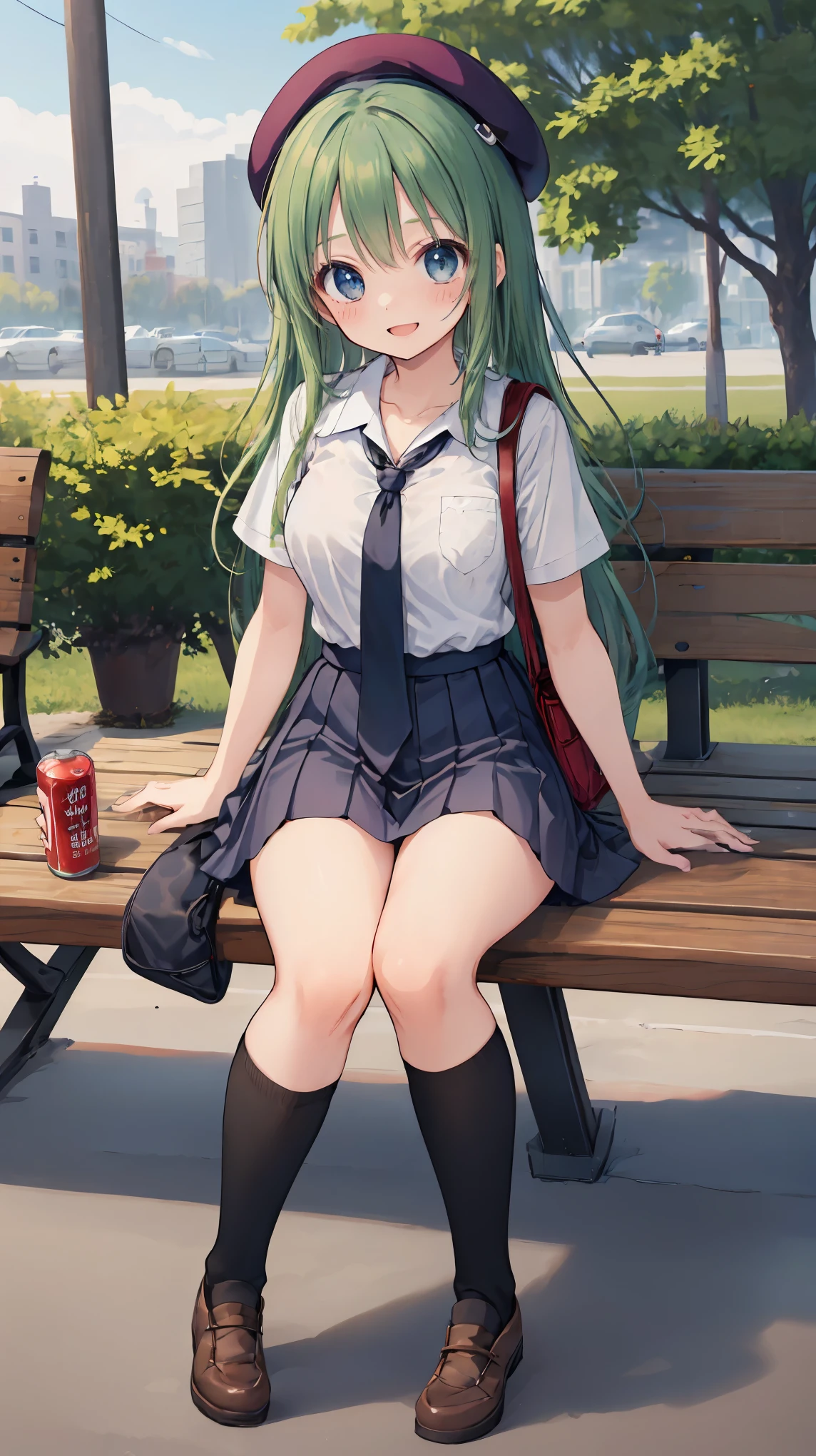 (masterpiece, highest quality), High resolution, Detailed face:1.2, (anime_style:1.2), Sharpness, 4K, A woman taking a photo, happy smile, Panic face, upset, Open your mouth, Long Hair, Green Hair, Straight hair, Fine skin, Beautiful Hands, Beautiful fingers, Wearing a beret, tie, Short sleeve blouse, Pleated skirt, school bag, Thighs, Absolute area, Knee socks, hand between legs, Hot summer day, School, Schoolyard, Sitting on a bench, holding Canned juice, Natural light, Sharp focus, Hasselblad Photography, Cinema Lighting, whole body, Canned juice,