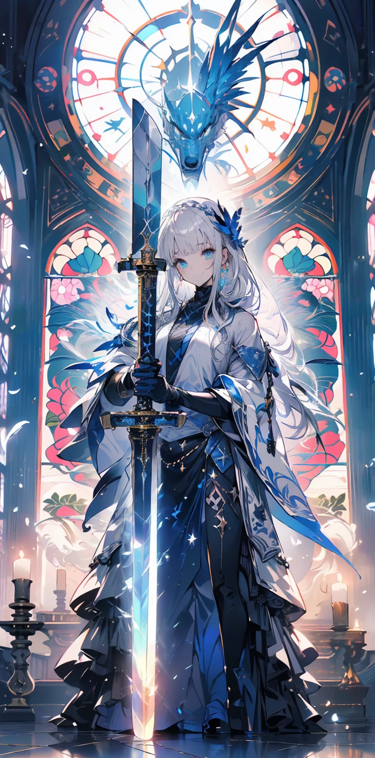 (official art、best quality、Unity 8k wallpaper、32k、​Masterpiece、Super detailed、ultra high resolution、realistic、Realism、very funny:1.2)、(Cinema lighting:1.2)、fire effect、film particles、best shade、edge lighting、side lights、(Super detailed and complex 3D rendering)、Delicate and beautiful face and eyes、sharp pupils、realistic student、A slender one、１man woman、medium bust、(whole body:1.2)、 beautiful face、 beautiful wolf boyl、(Super fine skin、Detailed skin texture:1.3)、(silver blonde、Blue-silver hair:1.3)、Paladin、long hair、blunt bangs、green eyes、3 braids 1 bundle、(blue armor、blue boots、Blue helmet、set with precious stones、gold embroidery)、A slender one、(thighs thighs thighs thighs:0.8)、(Chis、in the house、Stained glass of art、Large pipe organ、Hello、mystery、A lot of feathers floating、angelic、light particles、serious、Sunshine is、Colorful、fantastic:1.2)、(fantastic:1.3)、(Holding the Holy Sword:1.4)、fantastic、smile smile