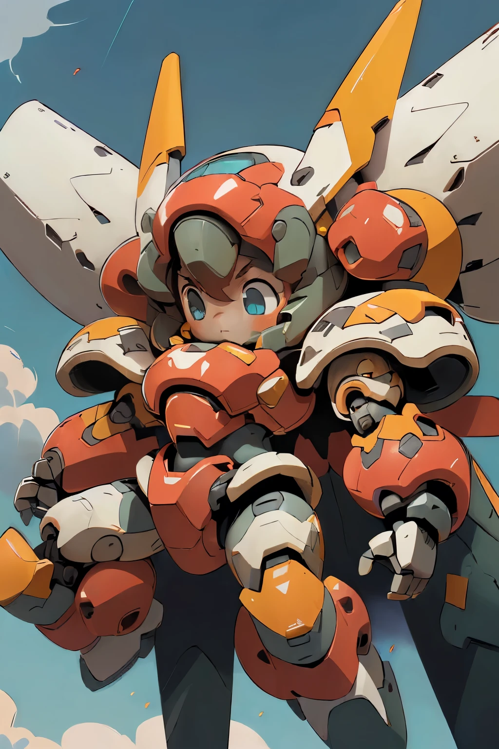 (((1girl floating in the sky, ))), (large cute face), (chibi face), ((Tight-lipped)),((low-angle)), ((low-angle view)), ((mechanical parts)), ((mechanical wings)), ((mecha wings)), full armor, ((mecha musume)), (HRS), (RARS), (full armor:1.5), (mecha armor:1.5), (huger arms:1.5), (battle-ready:1.2), (heavy weapons:1.5), (short legs:1.2), (huger body:2.0), ((red coloring armor:1.5)), (output booster:1.2), Heavy armament, heavy equipment, Mecha, ((from below)), red_eyes , chibi face, short hair, ((headgear)), ((full body in frame)), ((over size helm)), ((flying)), ((floating)), dynamic pose, fighting stance, (blue sky), white clouds, mechanical parts, mecha warrior, headgear, robot joints, full armor, becoming a mecha, ((looking down:2.0)), macro, mechagirl girl, BJ_Cute_Mech BREAK ((masterpiece)), vibrant colors, 8k, best quality, ultra detailed illustration, ((best quality)), ((high resolution)), flawless skin textures, shiny oiled skin, extremely detailed anime eyes , extreme light and shadows