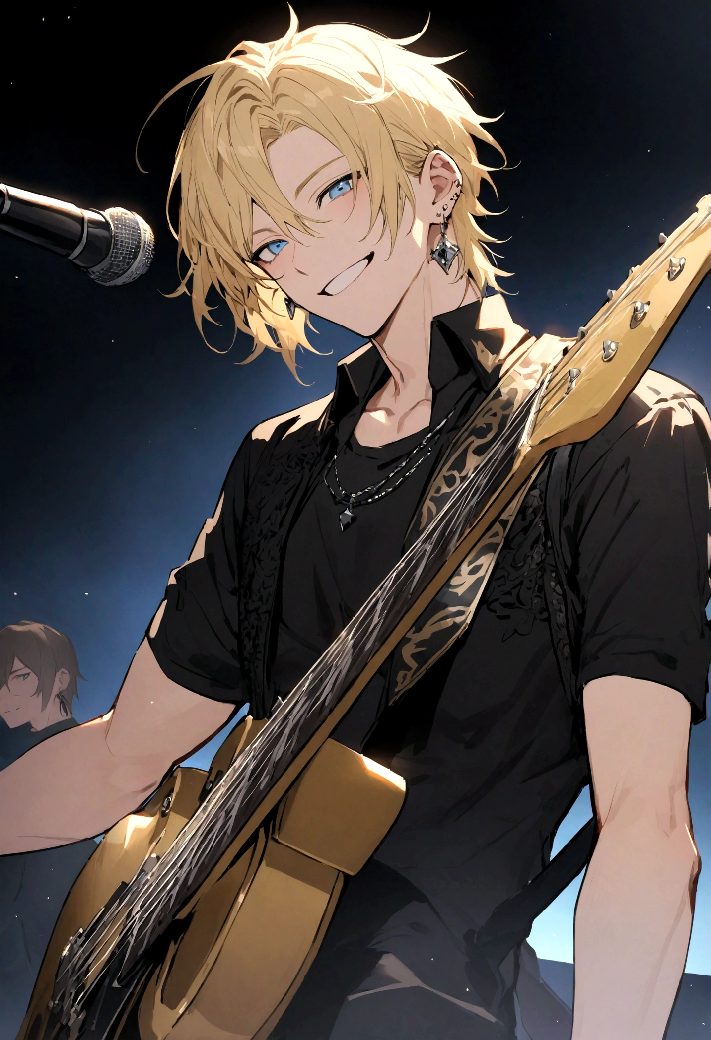 male with blond hair, blue eyes, earrings, smiling, black shirt like a rock singer. guitar on his back.
