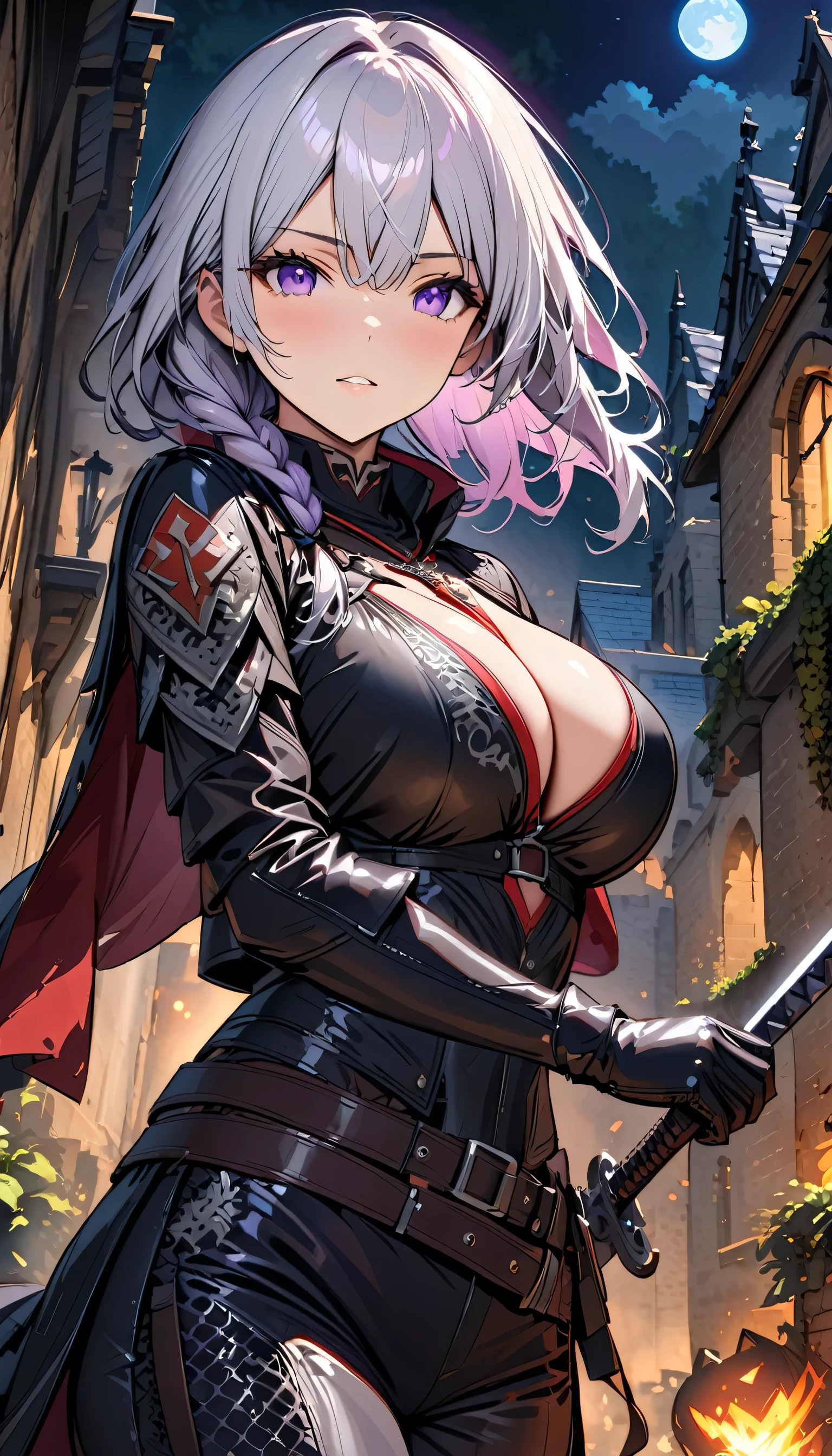 ((Top Quality)), ((Masterpiece)), (Detail), high resolution, Perfect Face, Fine Eyes, Depth of Field, Special Shading, cowboy shot, (1 beautiful female assassin), big breasts, ((short braided silver hair, purple eyes, tight black leather armor, magical runes, flexible chainmail, black leather pants with silver embroidery)), knee protectors, black leather boots with hidden pockets, black leather gloves, belt with pouches, pendant with dark kingdom's insignia, long black-bladed sword, stealthy position, drawing sword, sharp gaze, nighttime, dark kingdom's castle wall, full moon, old stone buildings, ivy-covered towers,