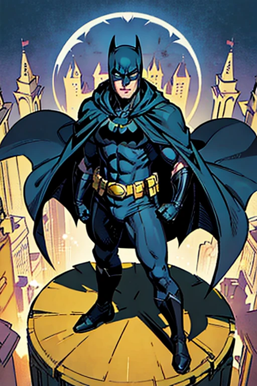 Batman standing on top of a cloak tower with his blue cape and grey costume and yellow utility belt, bat symbol on his chest, wearing blue gloves and has white eyes