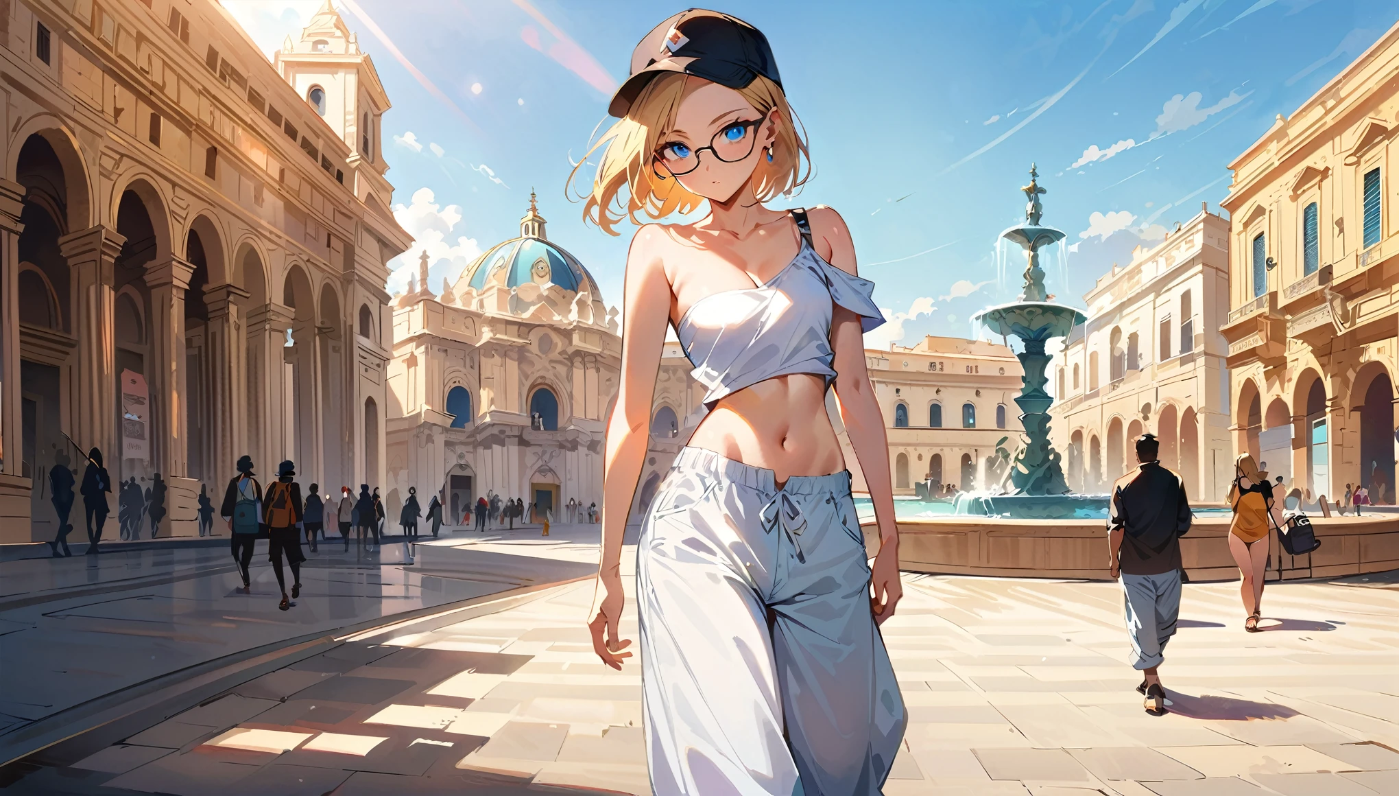 (masterpiece, best quality:1.2), full body shot, solo, Android 18 from Dragon Ball, collarbone, cleavage, ((slip-on one-shoulder crop top)), (light gray top:1.2), no jacket, midriff-baring, navel, ((white baggy pants with one button undone)), skimpy thong swimsuit, small breasts, short blonde hair loose, ((blue eyes)), ((wearing glasses)), earrings on earlobes, slender feminine figure, narrow waistline, skinny body, (plane black cap), (cap without logo), beach sandals, sunlight, walking, facing the camera, blur background, Malta, Valletta's large Triton Fountain, baroque architectural style, sunny day, natural lighting and shadows, people going about daily activities, 4K