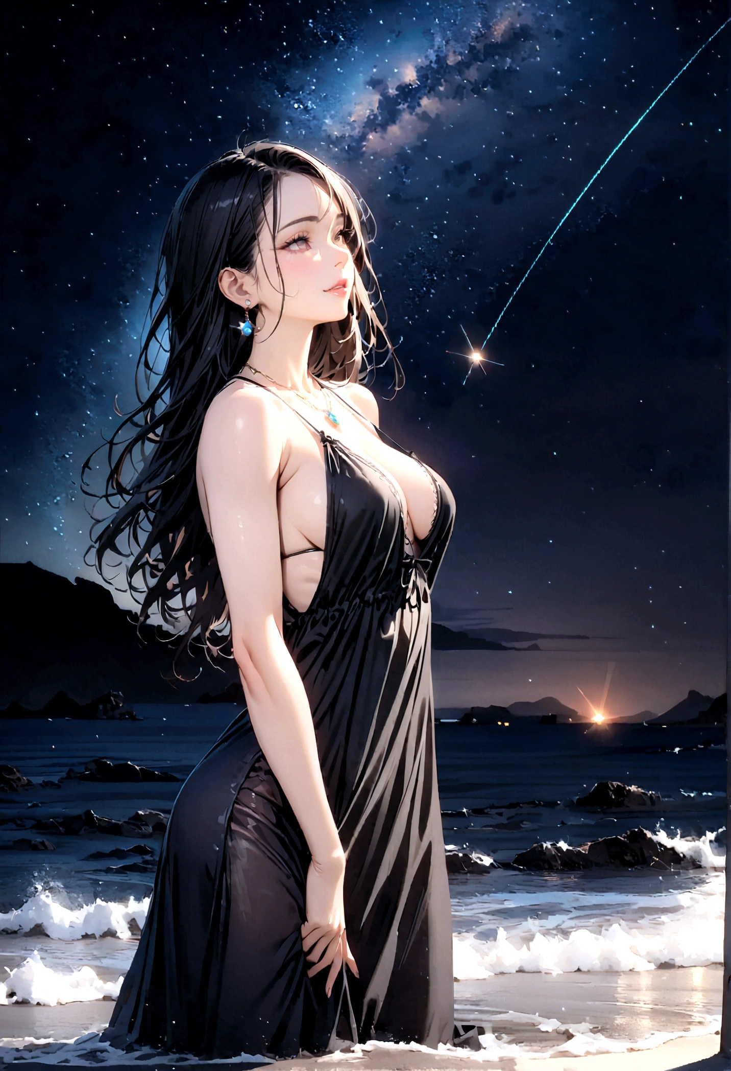 8k, masterpiece, RAW Photos, highest quality, Realistic, Very detailed, Depth of written boundary, Cinematic Light, Anatomically correct body,
One beautiful 40 year old woman, (Very beautiful face:1.3), (Exquisitely detailed face:1.3), (A seductive face:1.2), (Very sensitive skin:1.3), Transparent muscle, Shiny white skin, Glamorous Body,
(Wavy black long hair:1.2), (Sexy Breasts:1.1), (Sexy ass:1.1),
(Summer Beach Dress:1.4), (Detailed cloth texture:1.2), (Gorgeous necklace:1.1), (Gorgeous earrings:1.1),
(Dark starry background:1.4), (Milky Way:1.1), (milky way:1.1), (shooting star:1.1), (Dark coastline at night:1.4), (Pitch black sea surface:1.4),
(Standing on the beach:1.2),