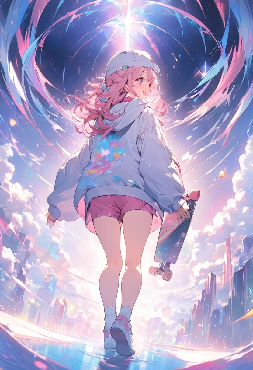 Digital art in imaginary space,A cute girl appearing on a skateboard in the internet space,Long white hair with mottled pink hair,He wears a cool white cap and emits white light particles.She is wearing a colorful hoodie, pink shorts, and white sneakers.pink colorful skateboard, there are a lot of chats and words floating around on the internet.You can see a big shining space beyond the internet space、(The girl is smiling towards the light and moving dynamically through space on a skateboard.1.5)Place your legs accurately on the skateboard,A fantastic depiction of the internet space,The girl is young and cute,back view,best quality,4k.8k ultra detail、Futuristic colors of the internet space,The texture of the girl's hair, the texture of her skin,