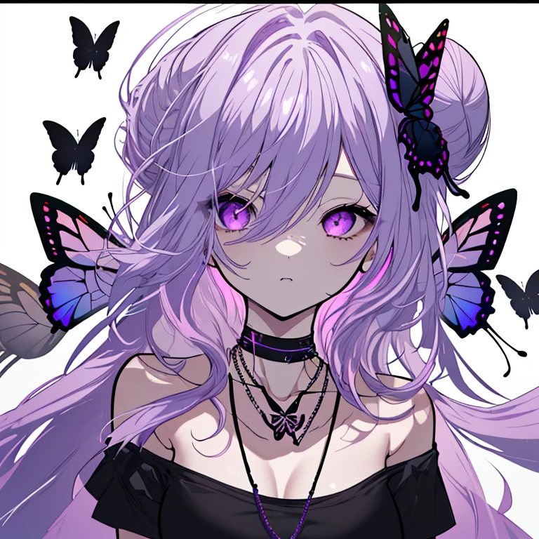1 girl、Mature、Ample breasts、Light purple hair、Long Hair、Hair Bun、Black T-shirt、choker、necklace、bracelet、Black Mask、Bust-up perspective、Butterflies fluttering、gorgeous、High resolution、highest quality