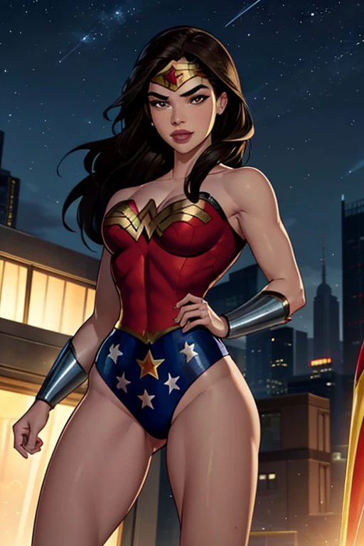 Natural Beauty, Masterpiece, Hailee Steinfeld, Perfectly Accurate Face Proportion, Thick Eyebrows, Wonder Woman, Wonder Woman Tiara, Big Breast, Curve Wide Hips, Toned Thighs, Toned Arms, on a rooftop looking over the night city, Grin On Her Face, Heroic Stance with Form-Fitting Suit: From behind, Wonder Woman stands tall with her feet shoulder-width apart and her hands on her hips. The tight suit clings perfectly to her figure, highlighting the curves of her waist and hips. The detailed fit accentuates the musculature of her back and legs, with her long hair flowing over her shoulders.