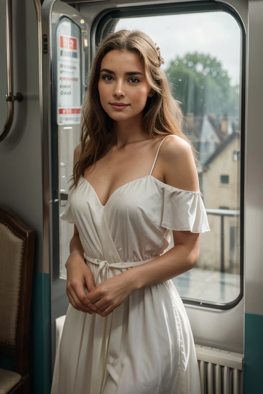 (Best quality, ultra detailed, nombre d'éléments, masterpiece:1.2), Theater lighting:0.7, photo d'une femme, vêtue d'une très élégante et jolie robe, visage rare et parfait, (peau very detailed), cheveux teints au hasard, cache ta bouche avec tes mains, ridicule, texture de la peau, pale skin, peau brillante, (grande taille:1.2), [:(mise au point nette sur un visage rare, yeux bleu-vert parfaits:1.2):0.2], photorealistic, grains de films, mettez un pied en avant, d'en bas regardant vers le haut, look at the camera, Focus on the shoulders, se concentrer sur le visage, bas, lunettes de vue, Sourire with les coins de la bouche relevés, Dismissive expression, summer mist, couleurs sourdes, couleurs chaudes et sourdes, photo cinematic d'une femme vêtue d'une robe rayée assise près de la fenêtre au petit matin, cinematic, (oblique:1.3) (dans un vieux train) ayez l'air prudent, debout sous les projecteurs, nuages de poussière volumétriques, key light, backlight, soft natural lighting, photographie grain du film ISO 400 objectif 30 mm RAW f1.8 ouverture, very detailed (photographie analogique:1), couleurs HDR