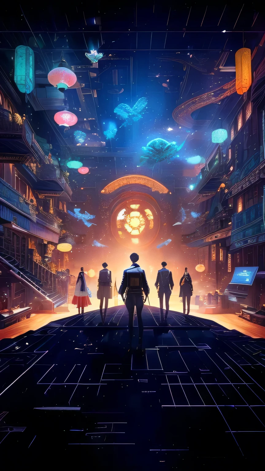 A picture of five modern people standing in a science fiction museum , Various Chinese antiques Various Chinese collectibles floating in the air Antique collectibles museum, Metaverse style technology modern