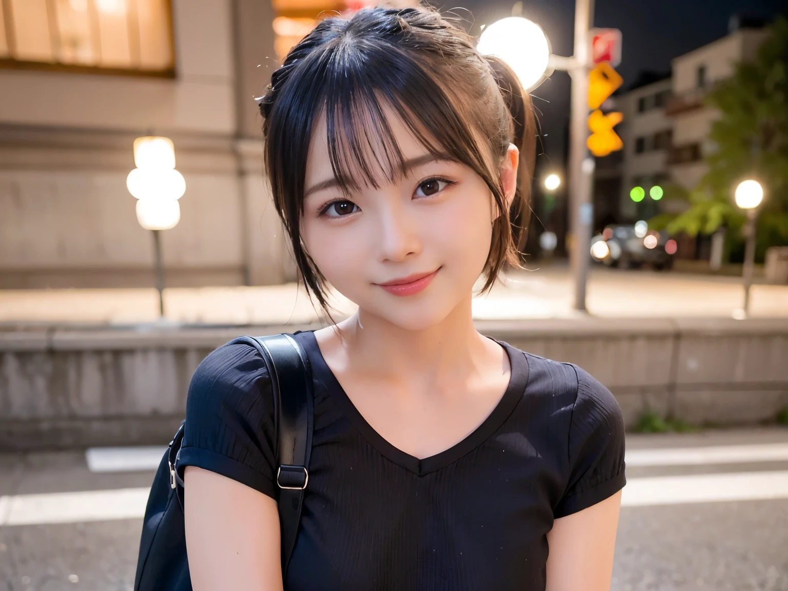 (Realistic: 1.4), (highest quality: 1.4), Ultra-high resolution, (fine grain),Full Body Shot,((Pose for gravure photography)),1. High school girl,Short Hair、Short ponytail,1 girl, Tokyo Street, night, Cityscape, City lights, Short-sleeved T-shirt,Black pleated skirt, smile, (8k, RAW Photos, highest quality, masterpiece: 1.2), (Genuine, photoGenuine: 1.37),smile,Idol,