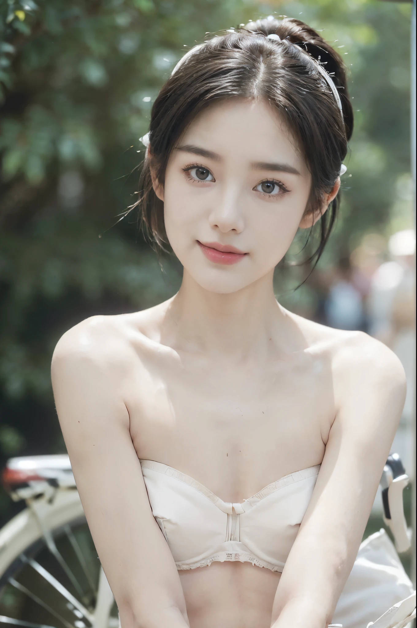 ((((8k))),((Extremely meticulous CG)) ,(wallpaper),16k,((Extremely refined and beautiful)),(((Masterpiece))),(((best qualtiy))),(((Ultra High Resolution))),beautiful light up,Perfect lightning,realistic shaded,(Smooth and flawless skin:1.5),(Extremely exquisite facial details:1.2),(perfect body:1.2),(ultra-detailed),((A beautiful girl,solo)),(small head:1.2),(pale skin:1.3),(short ponytail:1.2),(small face:1.2),(baby face:1.3),(Exquisite makeup:1.2),(blush:1.3),(small breasts:1.2),(flat chest:1.3),((slim,thin)),(laughing:1.2),(dog collar:1.2),(strapless white bra:1.5),(outdoor:1.3),(summer:1.3),(detailed background:1.5),(Beside a bicycle:1.5),(close-up of face:1.3),(from front:1.3),(in the park:1.2),(On the shaded path:1.2),(urban scape:1.3),(day scene:1.5),(surrounded by crowded crowds of old men:1.5)