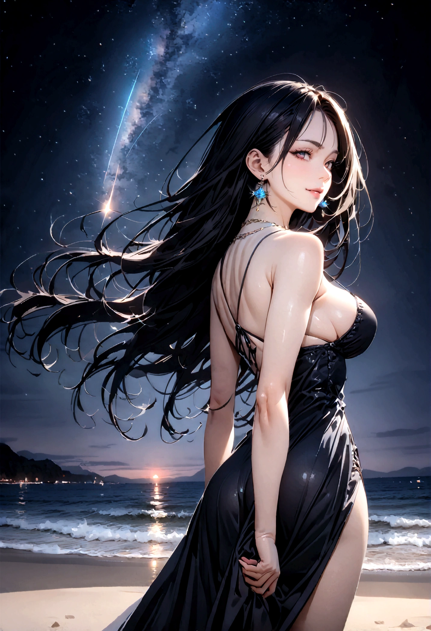 8k, masterpiece, RAW Photos, highest quality, Realistic, Very detailed, Depth of written boundary, Cinematic Light, Anatomically correct body,
One beautiful 40 year old woman, (Very beautiful face:1.3), (Exquisitely detailed face:1.3), (A seductive face:1.2), (Very sensitive skin:1.3), Transparent muscle, Shiny white skin, Glamorous Body,
(Wavy black long hair:1.2), (Sexy Breasts:1.1), (Sexy ass:1.1),
(Summer Beach Dress:1.4), (Detailed cloth texture:1.2), (Gorgeous necklace:1.1), (Gorgeous earrings:1.1),
(Dark starry background:1.4), (Milky Way:1.1), (milky way:1.1), (shooting star:1.1), (Dark coastline at night:1.4), (Pitch black sea surface:1.4),
(Standing on the beach:1.2),