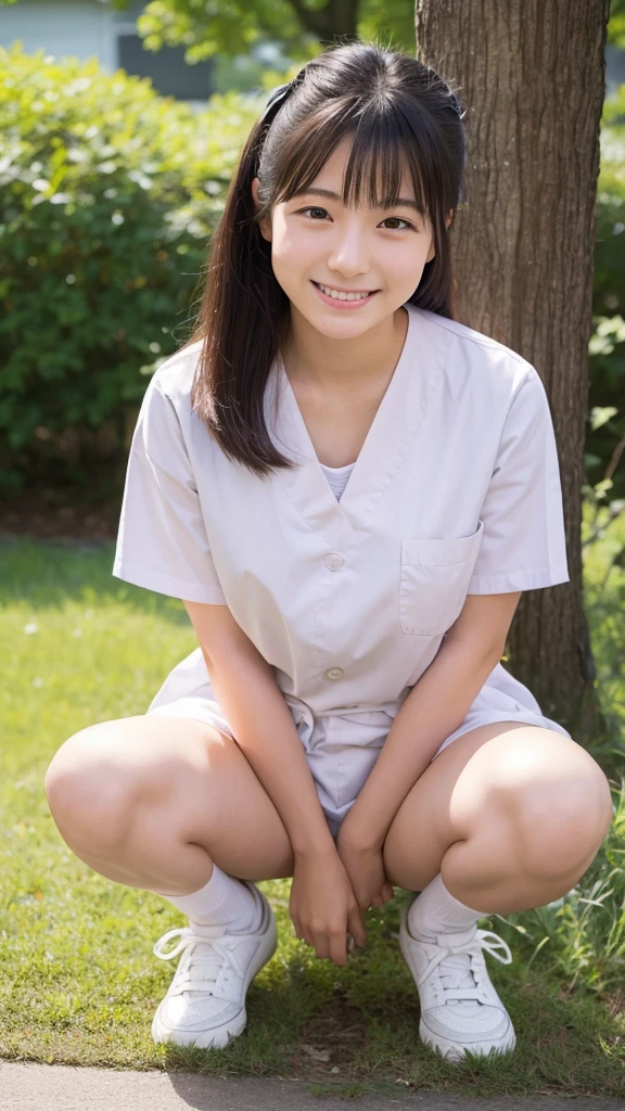 Reality、photograph、
Yasuko Tomita、18-year-old、Small face、
Shortcuts,smile、
nurse、Under white、squat、
Spread your legs wide、Facing forward、
Stick your butt out、Mouth half open、