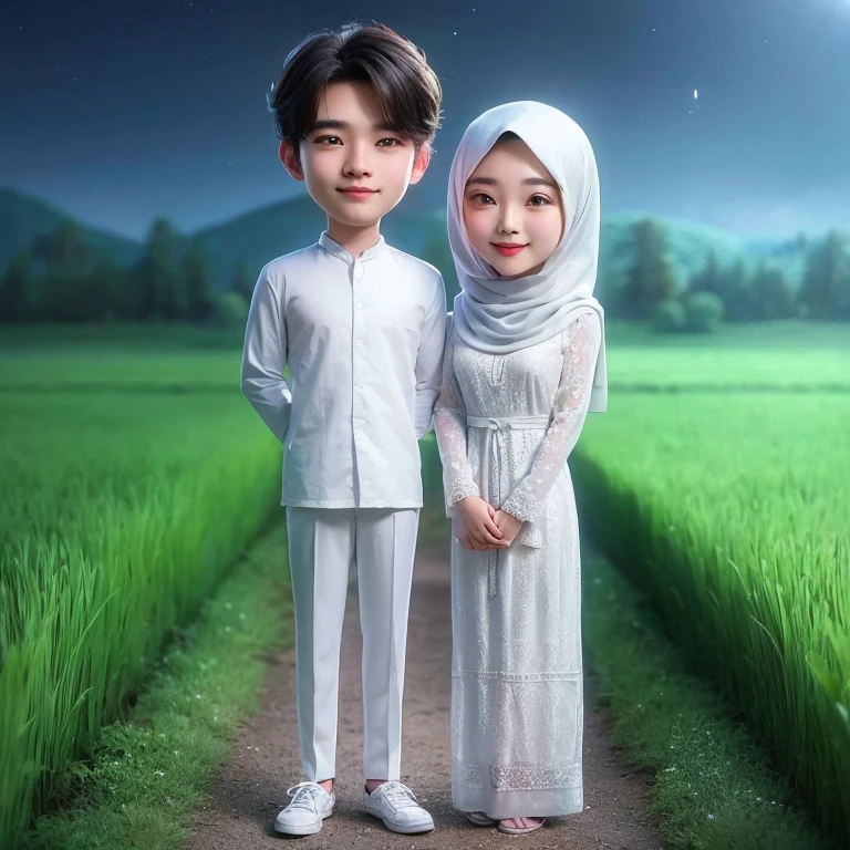 cartoon couple in white clothes standing in a field at night, lovely couple, happy couple,