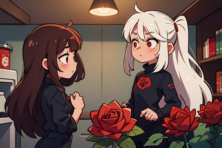 Girl with brown hair and girl with white hair in the basement. Red roses. amazement. Black clothes