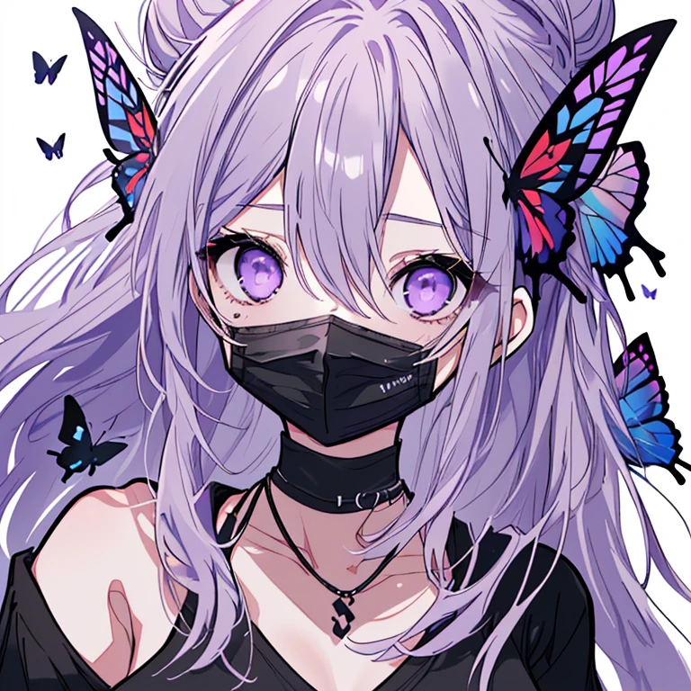 1 girl、Mature、Ample breasts、Light purple hair、Long Hair、Hair Bun、Black T-shirt、choker、necklace、bracelet、Black Mask、Bust-up perspective、Butterflies fluttering、gorgeous、High resolution、highest quality、Black Mask、2つにまとめたHair Bun