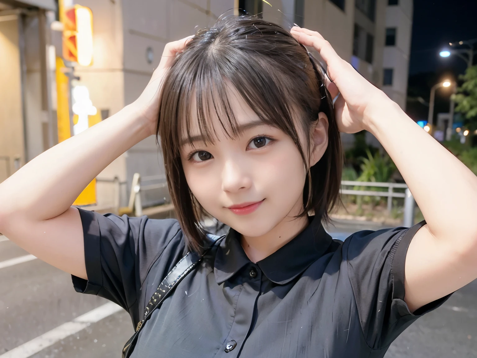 (Realistic: 1.4), (highest quality: 1.4), Ultra-high resolution, (fine grain),Full Body Shot,((Pose for gravure photography)),1. High school girl,Short Hair、Short ponytail,1 girl, Tokyo Street, night, Cityscape, City lights, Short-sleeved T-shirt,Black pleated skirt, smile, (8k, RAW Photos, highest quality, masterpiece: 1.2), (Genuine, photoGenuine: 1.37),smile,Idol,