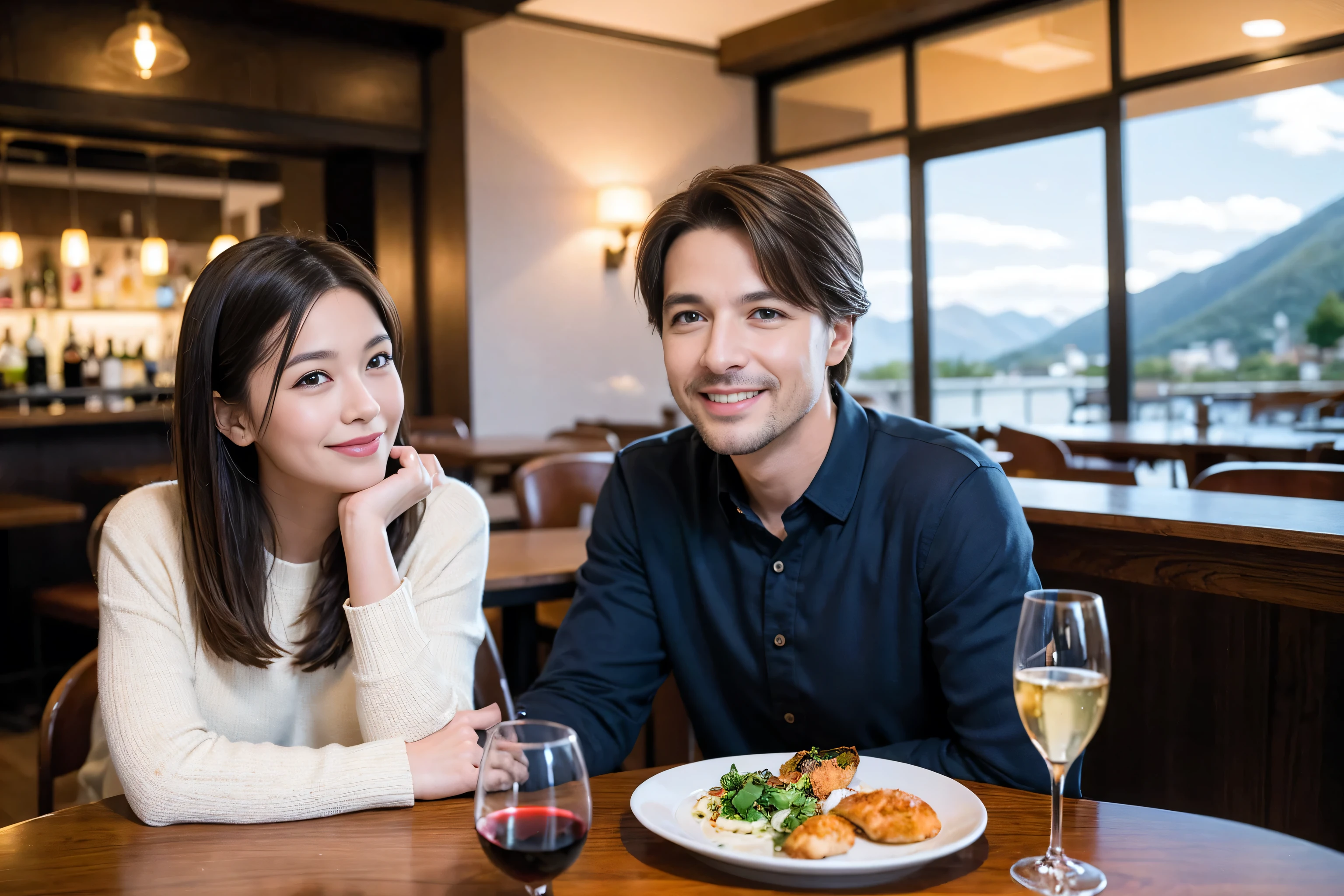 ((highest quality、8k、masterpiece:1.3))、1 male 1 female、lover、spouse、Beautiful couple、smile、 (Slim face), (the body is スリム), (Brown Hair), (Shortcuts), ((Bob Hale、Straight hair:1.2)), Wine glass on the table、Please shine a light on my face、 Amazing view of the sunset sky and clouds、Amazing mountain views、The beauty of a smile、Bright image、Blushing, Shortcuts,Bright Face、 (Age 35), 39 years old, red wine 、Appetizers、Italian food、Wine bottle、Champagne、sparkling wine、Long sleeve shirt、dress、Attractive beauty、restaurant, Nova Frog Style, actress, model, Upper Body, White wine, red wine, wine glass,