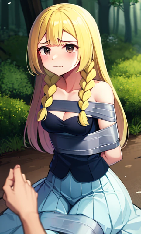 Masterpiece, absurdres, 1girl, Lillie(Pokemon), length hair, twin braids, messy hair, blonde hair, breasts out, Bound, Bondage, (arms behind back:1.4), BDSM, tape, TAPE BONDAGE, close-up, srestrained, best anatomy, Curled up, sad face, shout, Upper body, humiliation, desperate, (Stripped naked), (men touching her), touching hair, pov men raises her hair, (men raises her hair), (men stroking her hair), tied up in the forest, outdoor, forest,