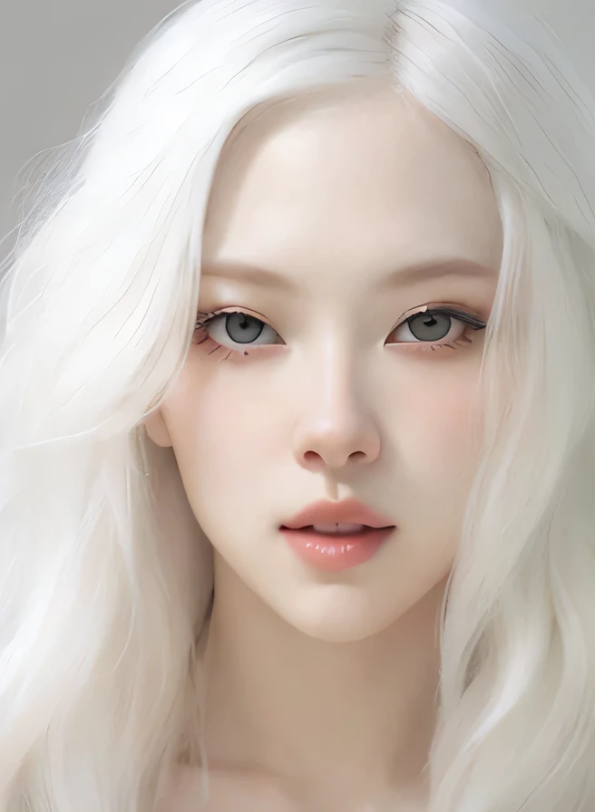 Un primer plano de una mujer coreana con el pelo largo y blanco y los ojos azules, pale porcelain white skin, albino white pale skin, soft pale white skin, pale white face, white pale skin, pale, shiny skin, pale snow white skin, porcelain pale skin, Chica perfecta de pelo blanco, very pale white skin, pale fair skin!!, pale - white skin, piel blanca muy, very pale, princesa medieval, diosa, Estilo Juego de Tronos, ulzzang, maquillaje popular de Corea del Sur
