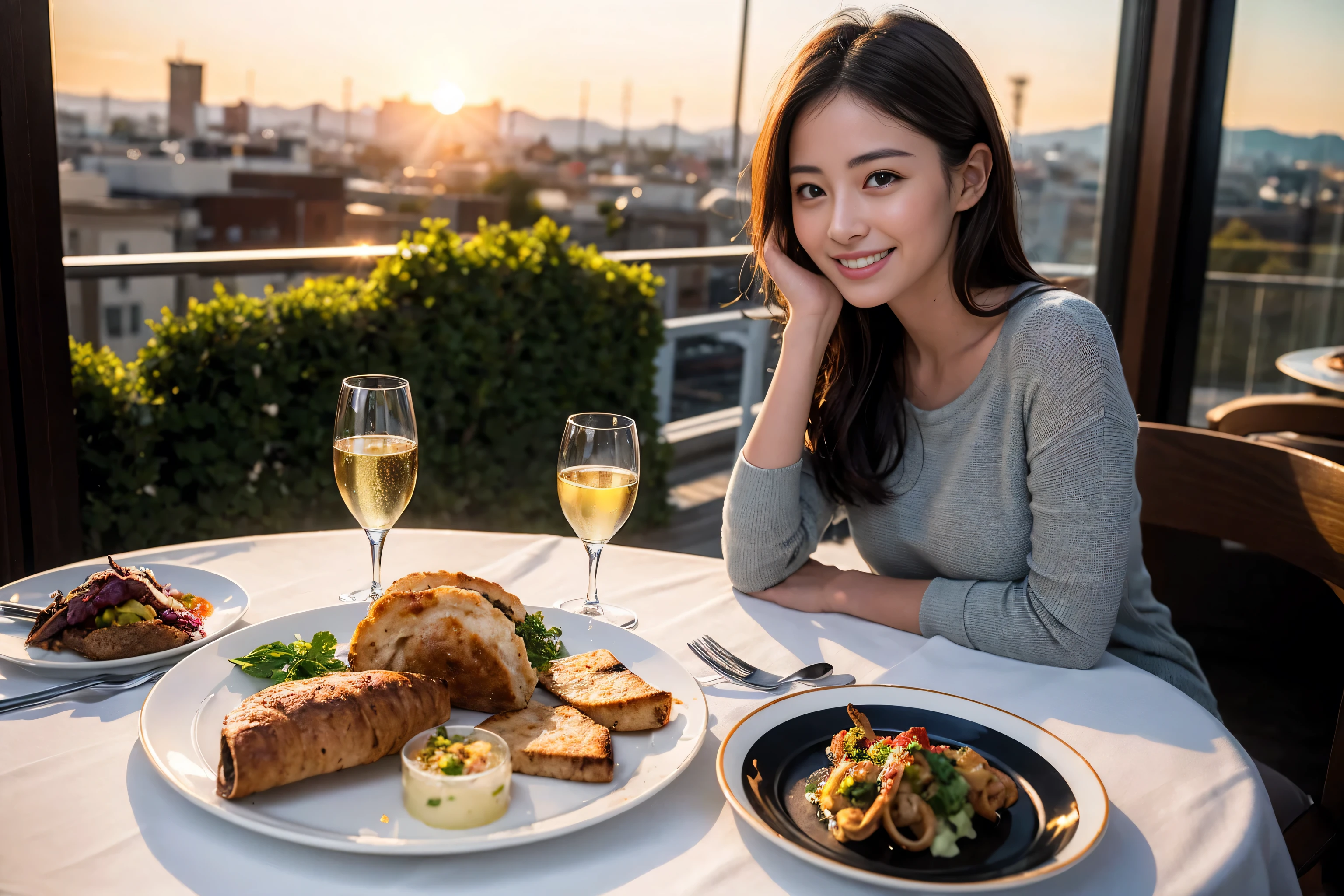 ((Highest quality、8k、masterpiece:1.3))、Slim Couple、Model Couple、(Realistic, Intricate details:1.2), full-course dinner、wine 、Amazing view of the sunset sky and clouds、A bright smile、The wonderfulness of smiles、Bright image、wineの美しさ, Beautiful Face, blue eyes, The light shines on your face, blush, short hair,Bright Face、 (Age 45), 48 years old, 赤wine 、Appetizers、Italian food、wine bottle、Champagne、スパークリングwine、Two beauties、Brown Hair、Shortcuts、Long sleeve shirt、dress、Two beautiful women
