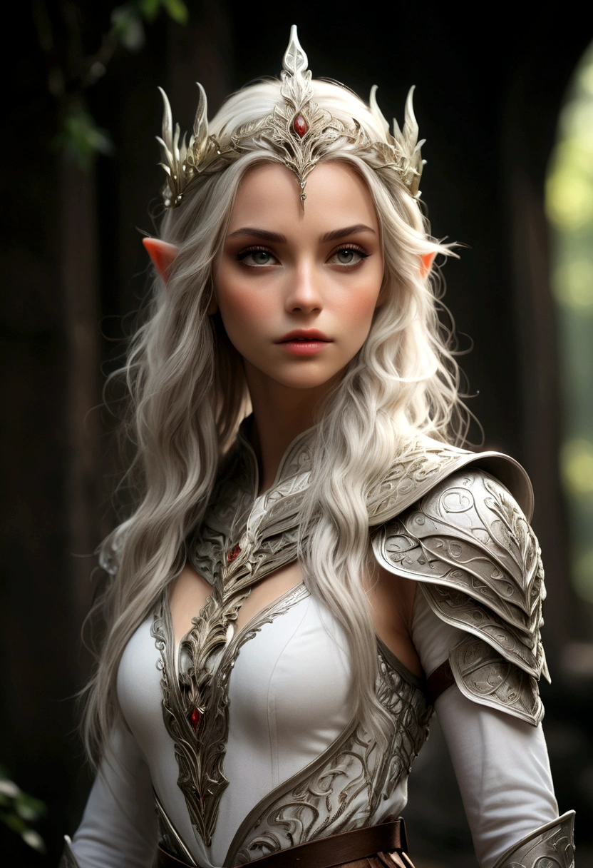 ((Masterpiece)), (Best Quality),(Cinematic),(extrem detailliertes CG Unity 8k-Hintergrundbild),complete body in picture,((head to toe in frame)),(highly accurate drawing in every detail)(extremely precise representation)1girl, fit, small breasts, a stunning beautiful elf warrior princess who looks dreamy in her a beautifully crafted fine and perfect fitting armor-dress. with one hand  towards she is showing us a fine curved dagger in elf-handcrafted style.  on her head she has decorative tiara with the same ornaments like her armor. the scenery is a little bit gritty but also awe inspiring.,1 line drawing,makeup, plain white background, full body representation