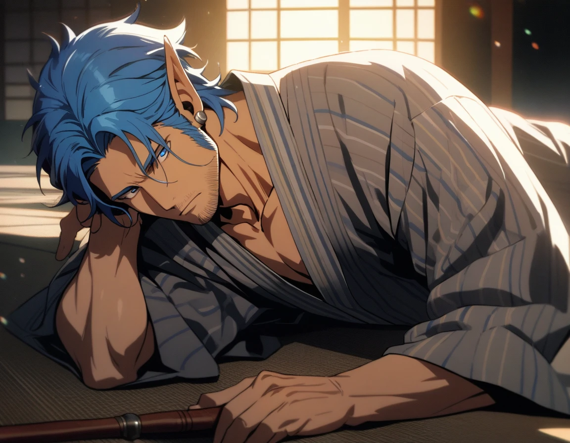 1man, mature elf, 40yo, blue short hair, forehead, masculine handsome mature, tanned skin, stubble, tough gentleman, flaped backhair, ear cuff, blue eyes, male high ratio body proportions, beautiful detailed eyes, BREAK solo, fullbody, yukata, lying, on side, japanese smoking pipe, sexy emotion, in washitsu, detailed background, wideshot, cinematic colored, caustics, textile shading, lens flare, light leaks, 2010s, in isekai style, elegant quality, extreme all detailed, sharp vision, masterpiece, best quality