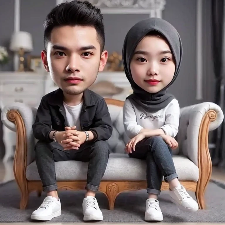 there are two people sitting on a couch with a white chair,