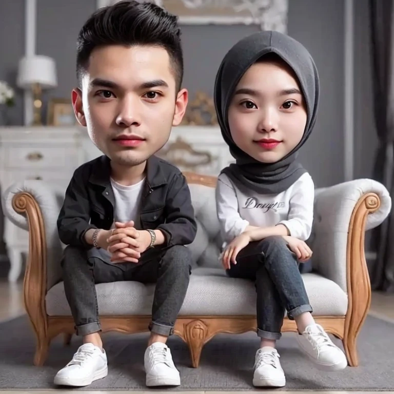 there are two people sitting on a couch with a white chair,