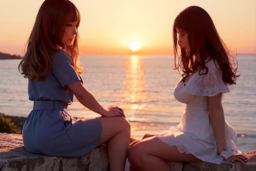 Two girls sitting on a cliff jutting out into the sea、They look at each other and toast with one hand、Bob Hair、Brown Hair、Big Breasts、A cool summer dress、evening、sunset、