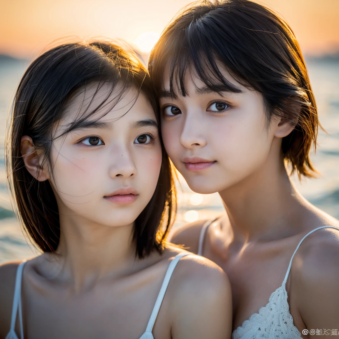 8k、Two beautiful girls, aged 12 and 18,,(Photorealistic:1.2), (highest quality), (Detailed skin:1.3), (Intricate details), Ray Tracing,Two Girls, In detail,real,RAW Photos & Realistic atmosphere,、Beautiful, shining lips, Detailed face、Cheek to cheek, in the sea、Strong winds (highest quality,masterpiece:1.3,Ultra-high resolution),(Very detailed,Caustics,8k),(Realistic:1.4,RAW shooting), In detail,real,Scattered beneath the surface,(blush:0.5), Detailed skin texture,Japanese,cute,Black long and short hair,Looking at the camera,Collarbone Bare Skin,Shoulder Bare Skin,(Face Focus:1.1),(Face close-up:1.1),Sunset,Natural light